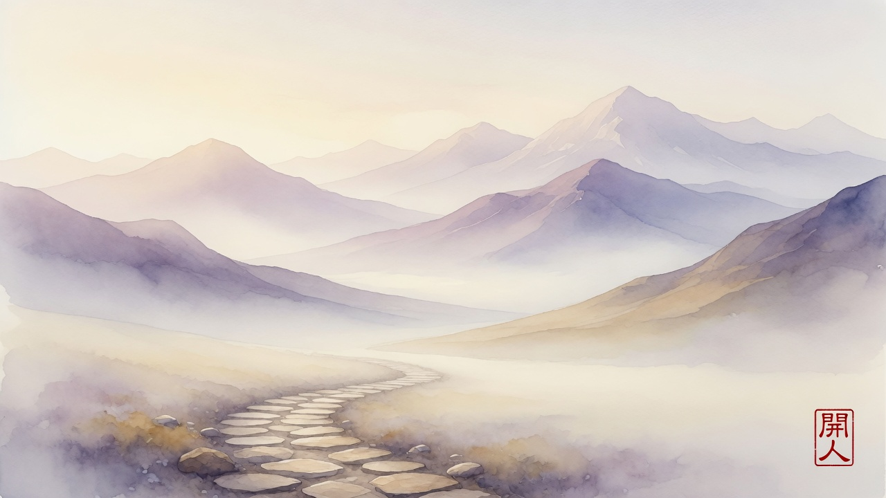 Aquarell: ein Steinpfad führt durch ein weites Tal zu gestaffelten Bergketten in Pastelltönen